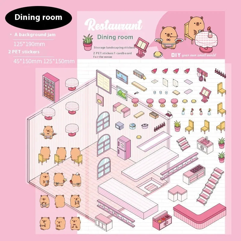 PET cut-free three-dimensional cartoon stickers for journal landscaping in eight shop-themed colours
