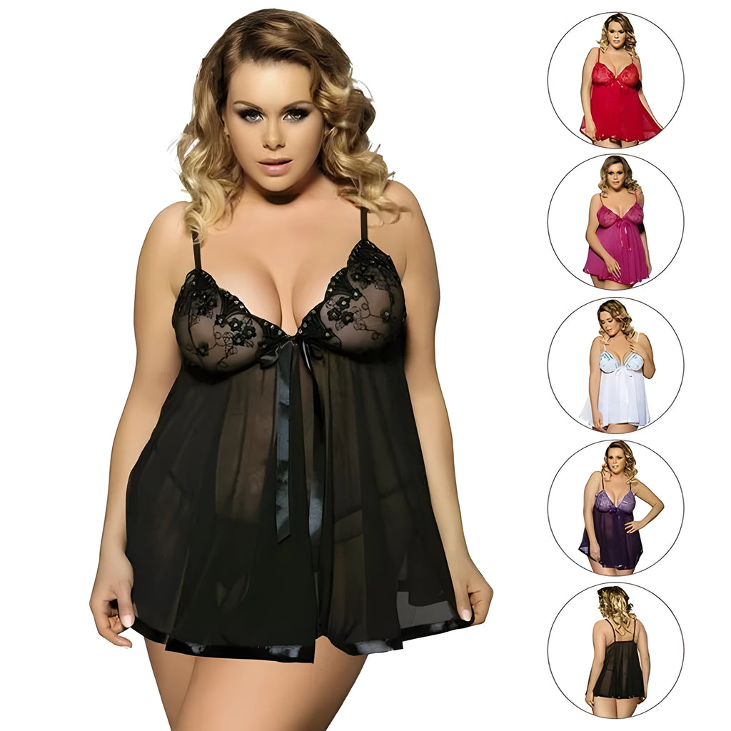 Women's seamless lace and mesh lingerie sleepdress in black, available in big code sizes up to 6XL