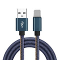 Denim braided USB Type-C charging cable with aluminium connectors in black, blue, or red.