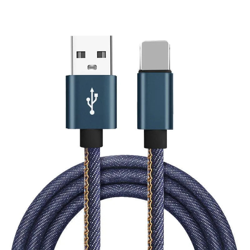 Denim braided USB Type-C charging cable with aluminium connectors in black, blue, or red.