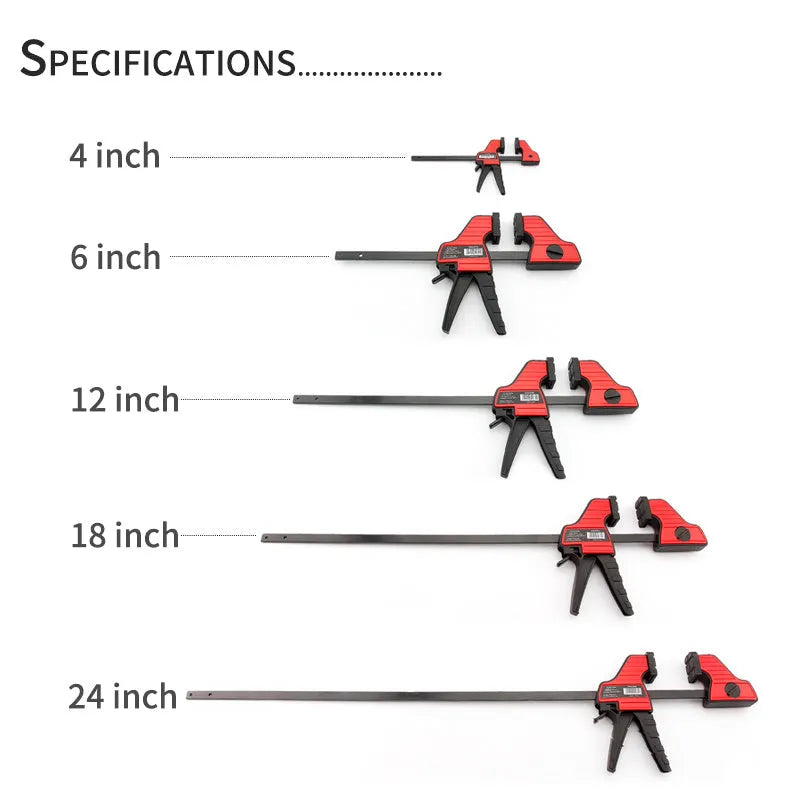 Black plastic woodworking clamp with rubber grip showing quick adjustment key and clamping mechanism