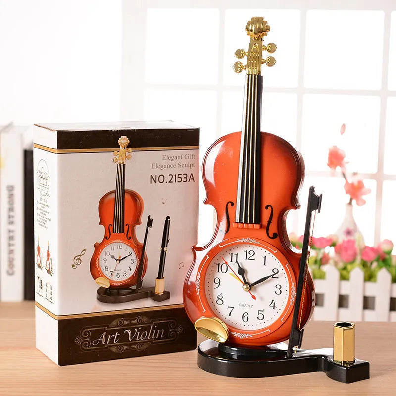 Brown violin pen inserted alarm clock with LED and pointer display on desk