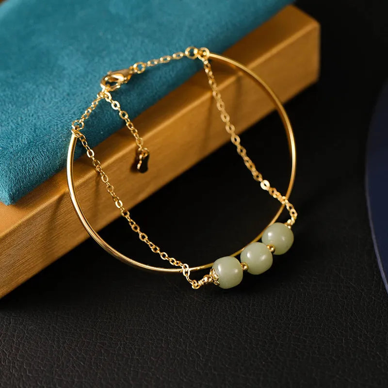 Jade lucky beads bracelet for women with gold inlay decoration, showing single, double, and three beads version options.