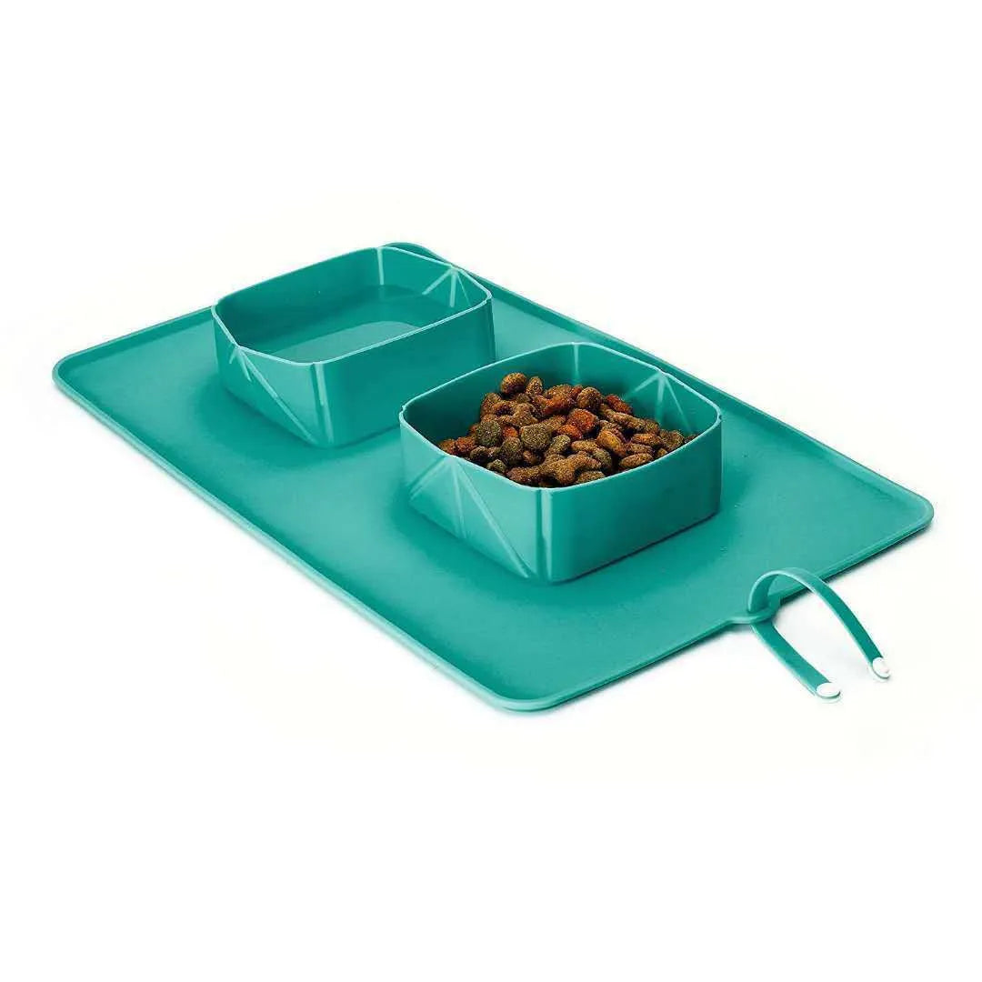 Silicone folding pet bowl in blue with non-slip base, 390x235mm, collapsible travel dog bowl