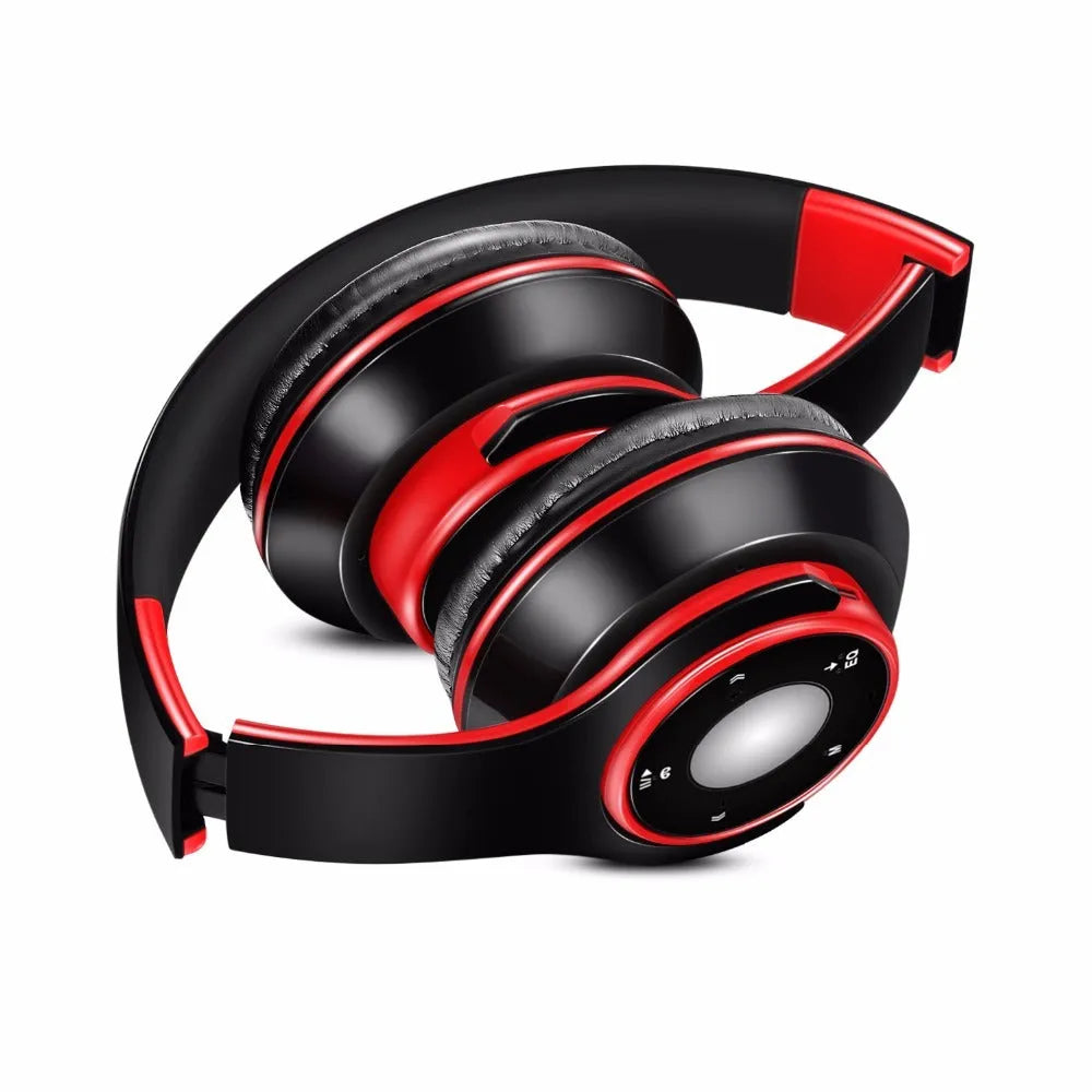 Foldable wireless Bluetooth headset with adjustable hinges in blue, red, or rose red colours