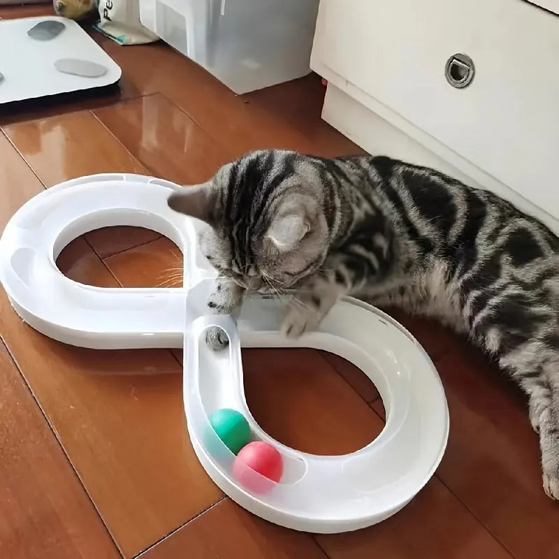 Blue and white cat track toy with turntable ball mechanism and teasing stick attachment