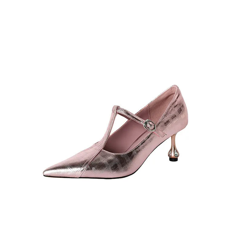 Genuine leather women's pumps with 3-5cm chunky heel in gun colour