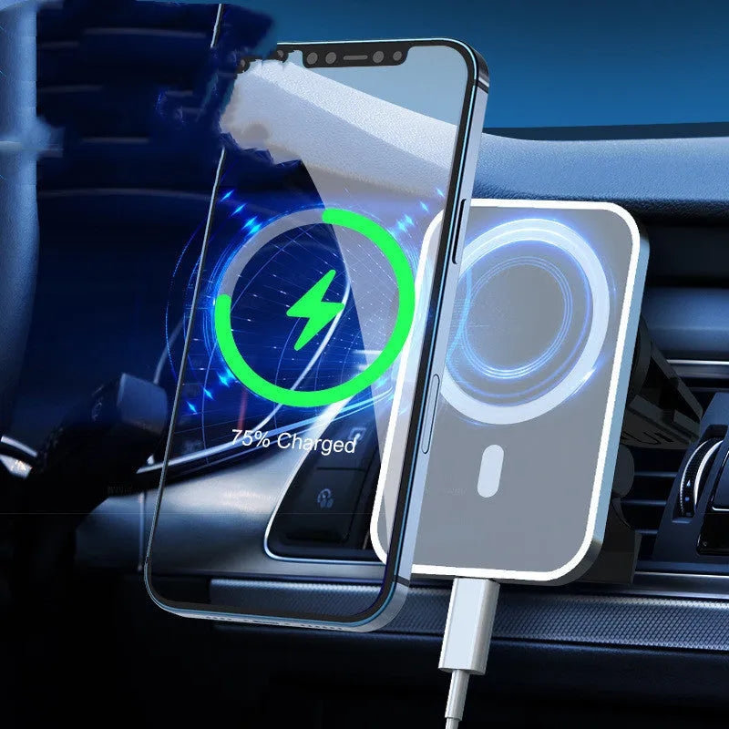 Magnetic car wireless charger 15W with aluminium alloy body and N52 magnet, black model on car air outlet vent