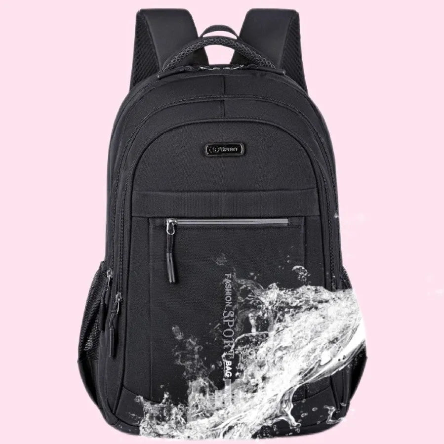 Oxford cloth business backpack with airpillow straps showing 20-35L capacity and sewing line detailing