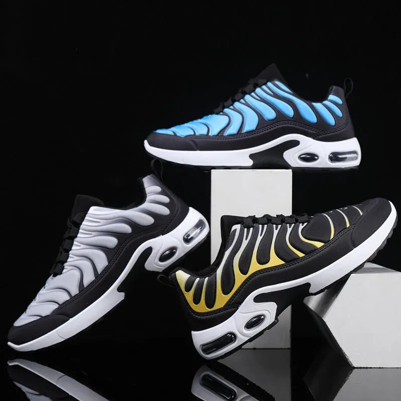 Colour-blocked men's lace-up air cushion sneakers with fabric upper and rubber sole, blue colour