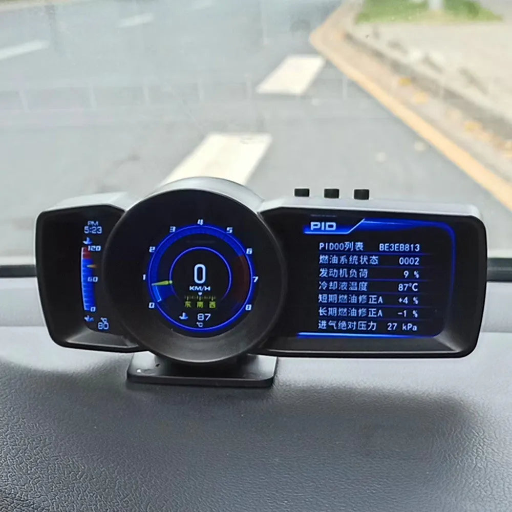 A600 OBDII car diagnostic monitor with HD TFT screen, connecting cable, and installation tools.