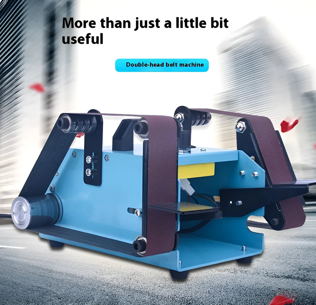 Blue desktop dual-axis belt sander on a workbench for knife sharpening and polishing