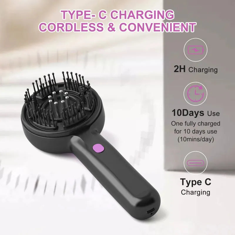 USB-powered head massage tingler with comb design in black, grey, or red, showing mechanical controls and two speed settings.