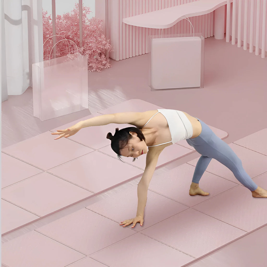 Purple folding TPE gymnastic mat unfolded on a floor, showing its non-slip texture and size.