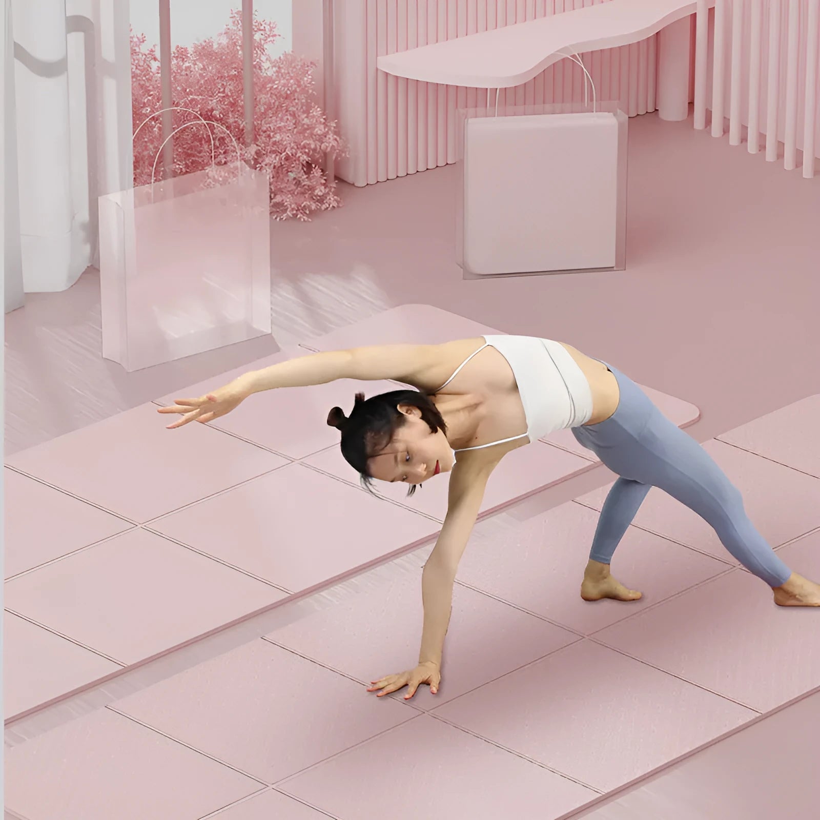 Purple folding TPE gymnastic mat unfolded on a floor, showing its non-slip texture and size.