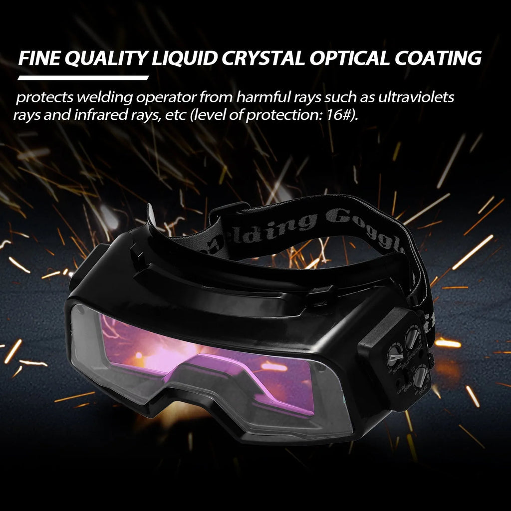 Black automatic darkening welding mask with wide rectangular lens and headband.