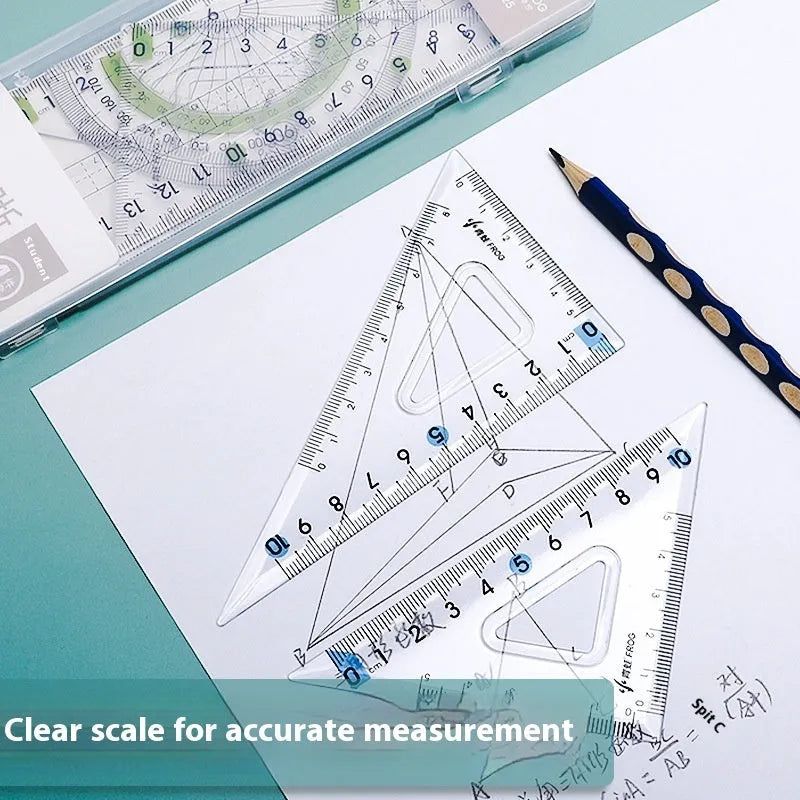 Transparent acrylic ruler set with square protractor for geometry and drafting projects
