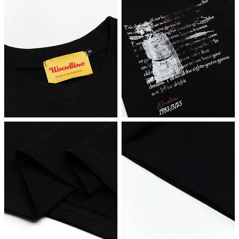 Men's black pure cotton hip hop style t-shirt with white printed letters and loose fit design
