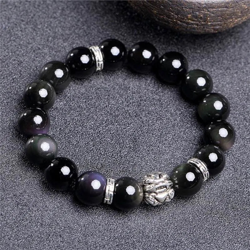 Natural obsidian bracelet with 999 silver cloud charms in male 12mm and female 10mm sizing options