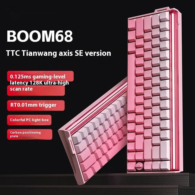 BOOM68 compact mechanical gaming keyboard with RGB lights on a desk