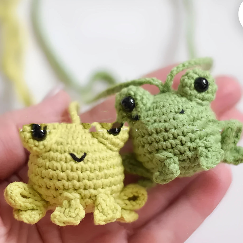Handmade woven plush frog car pendant showing green colour option with 5cm width measurement