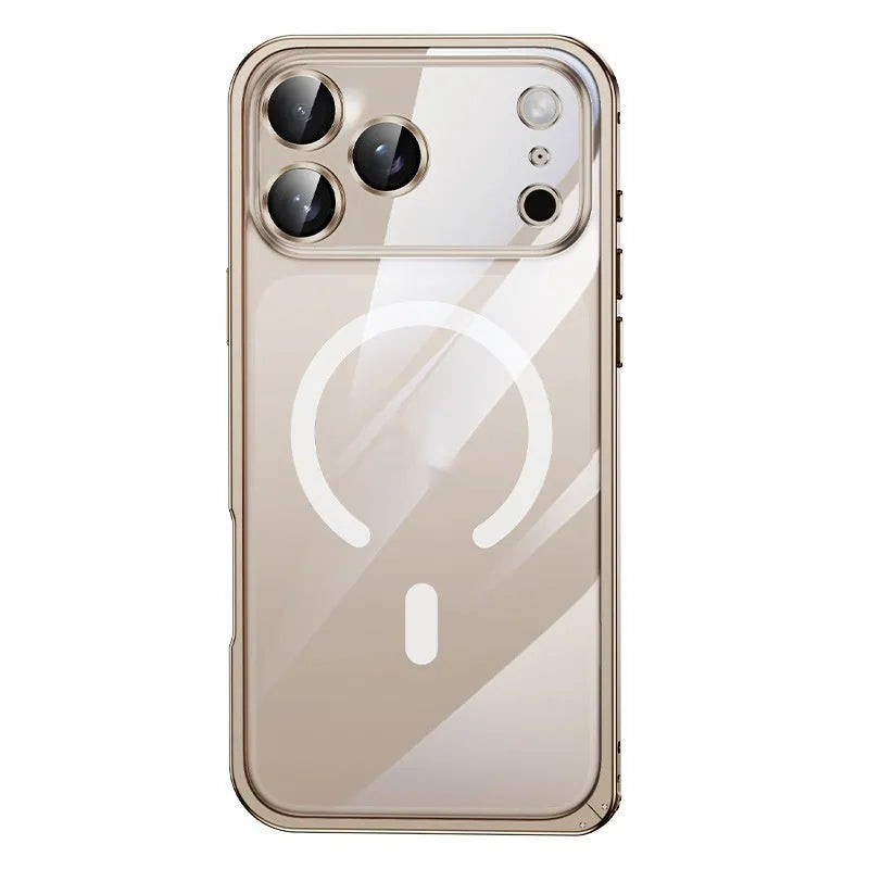 Metal frame phone case for iPhone 17 with magnetic suction and transparent back in Titanium Gray