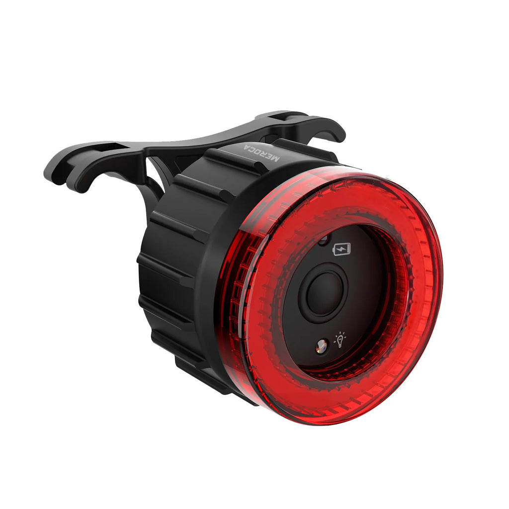 Black intelligent bicycle brake taillight with aluminum alloy frame and seat tube bracket.