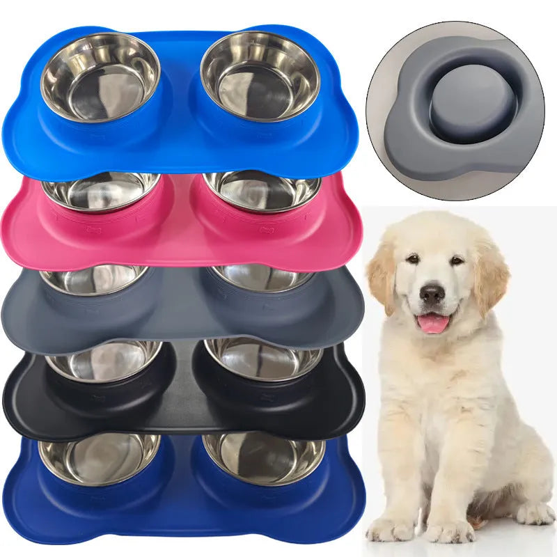Large dual compartment silicone pet bowl with stainless steel base in assorted colours