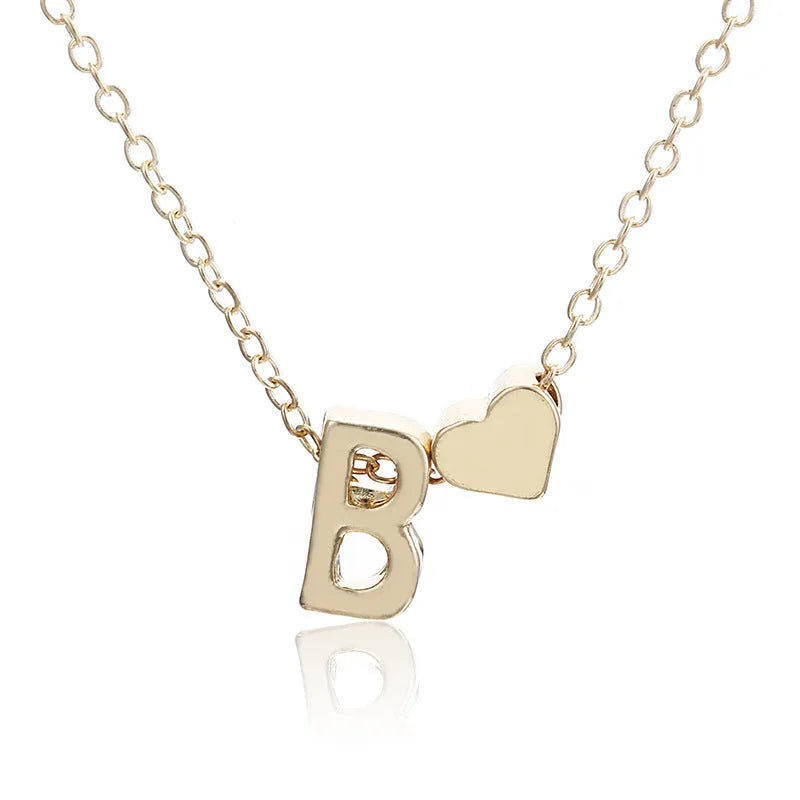 Peach heart shaped letter pendant necklace in gold or silver alloy finish