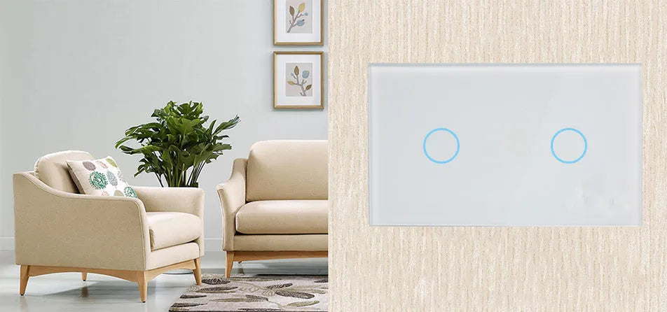 White RF wireless 2-gang touch wall switch with tempered glass panel and LED indicators