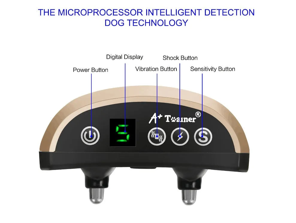 Electronic dog training bark collar with digital display and adjustable strap in black colour