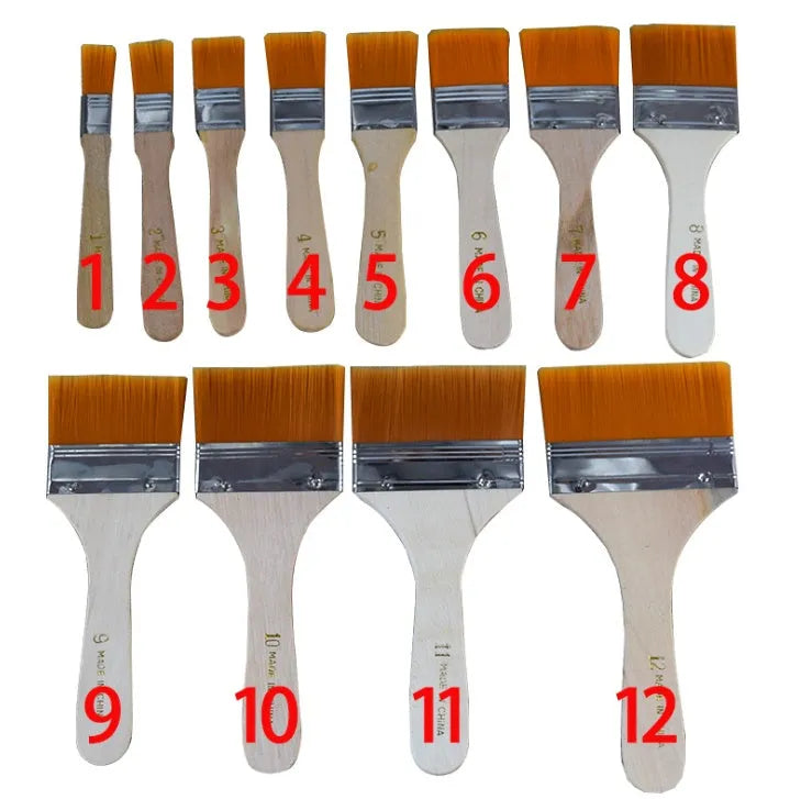 Twelve nylon board brushes with wooden handles in sizes 1 to 12 laid out on a surface