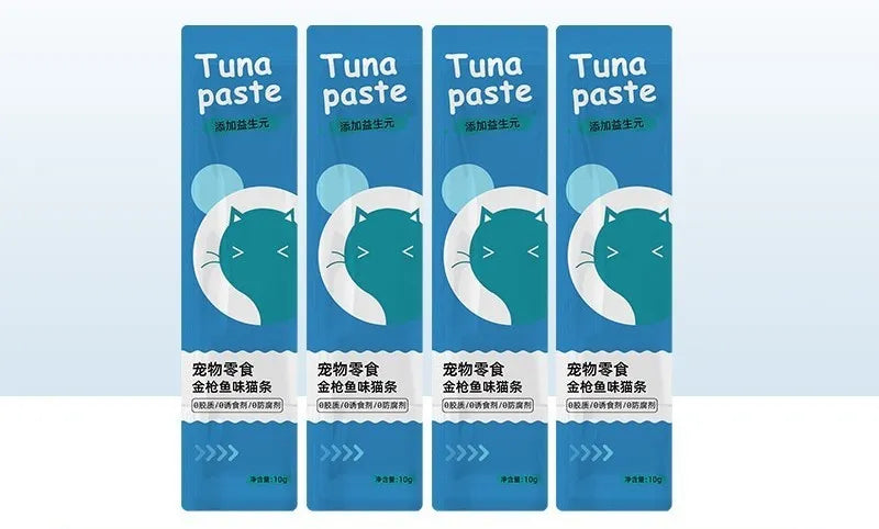 Pack of 10 cat strip snacks in four flavour varieties for feline nutrition