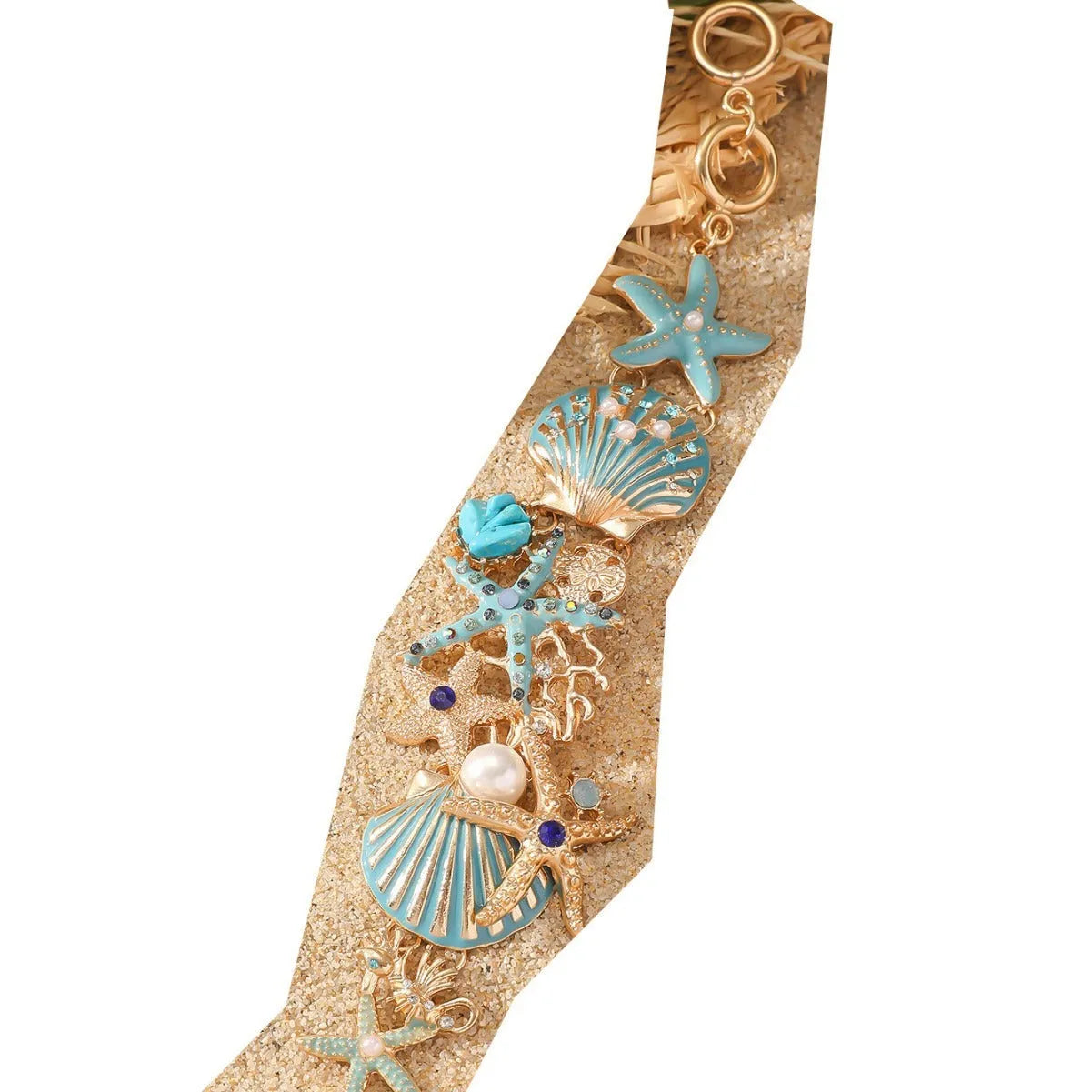 Alloy rhinestone bracelet with marine boat anchor design and starfish elements in turquoise finish