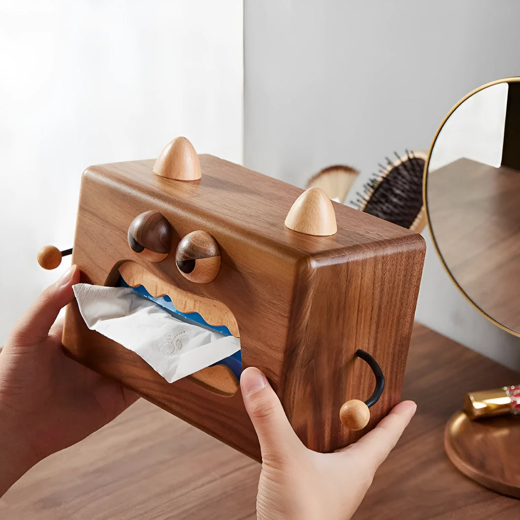 Cartoon little monster wooden tissue box in beech wood measuring 190x104x125mm