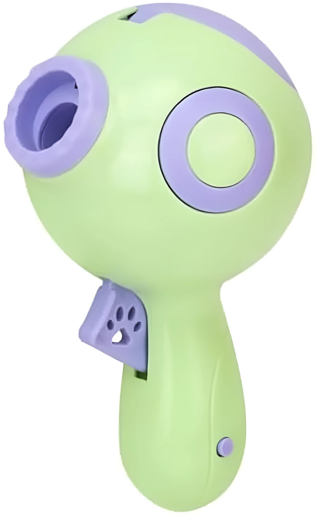 Green, orange, and pink interactive dog treat launcher toy measuring 15.5cm by 9cm by 8.5cm