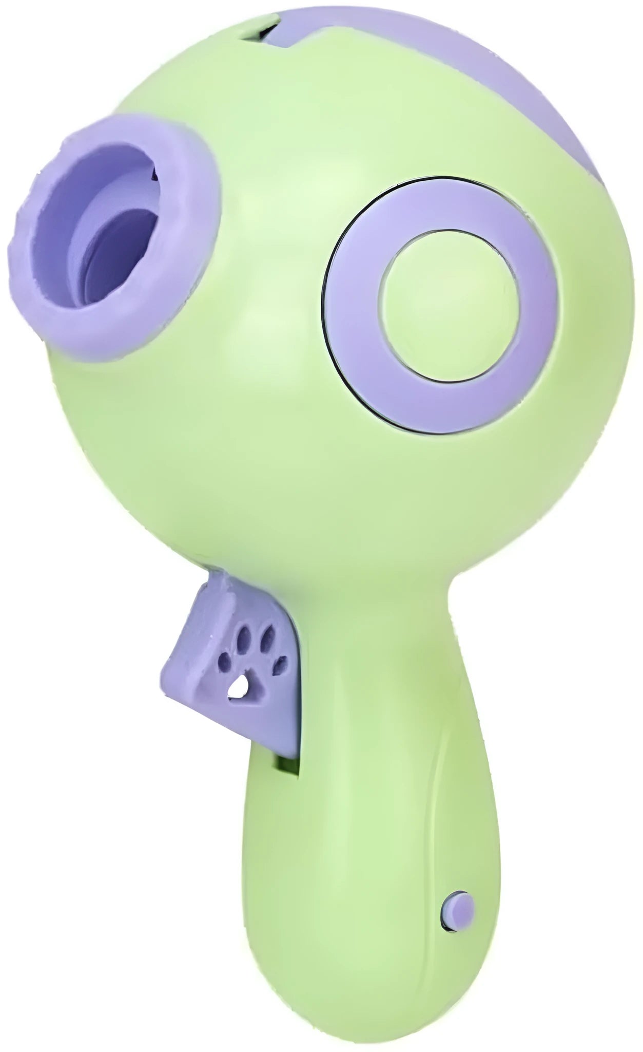 Green, orange, and pink interactive dog treat launcher toy measuring 15.5cm by 9cm by 8.5cm