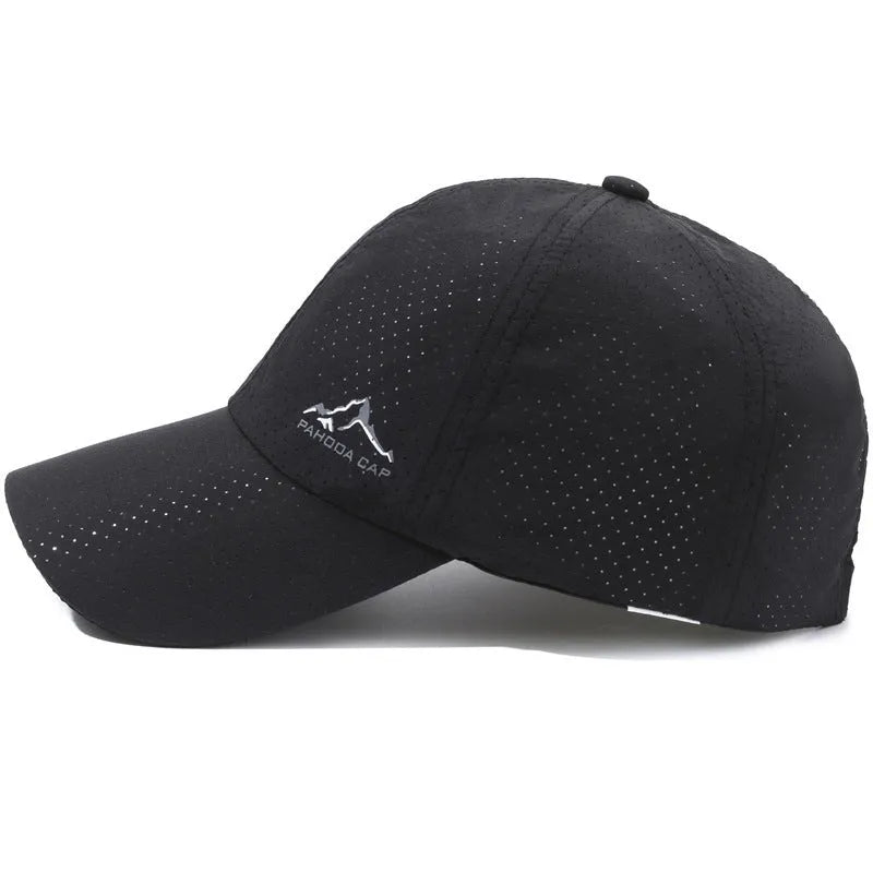 Adjustable polyester baseball cap with dome crown on a white background.