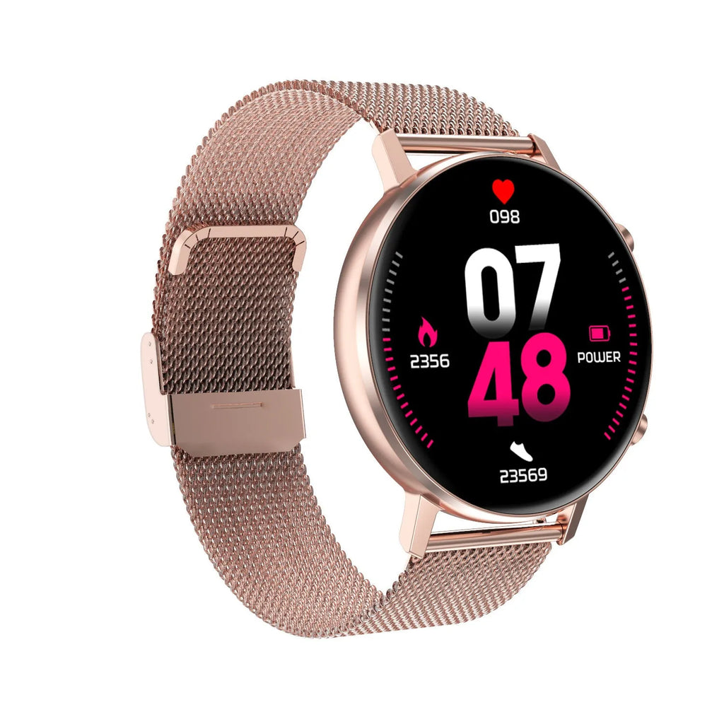 DT96 smart bracelet with stainless steel strap and 1.3-inch display shown in three colour options
