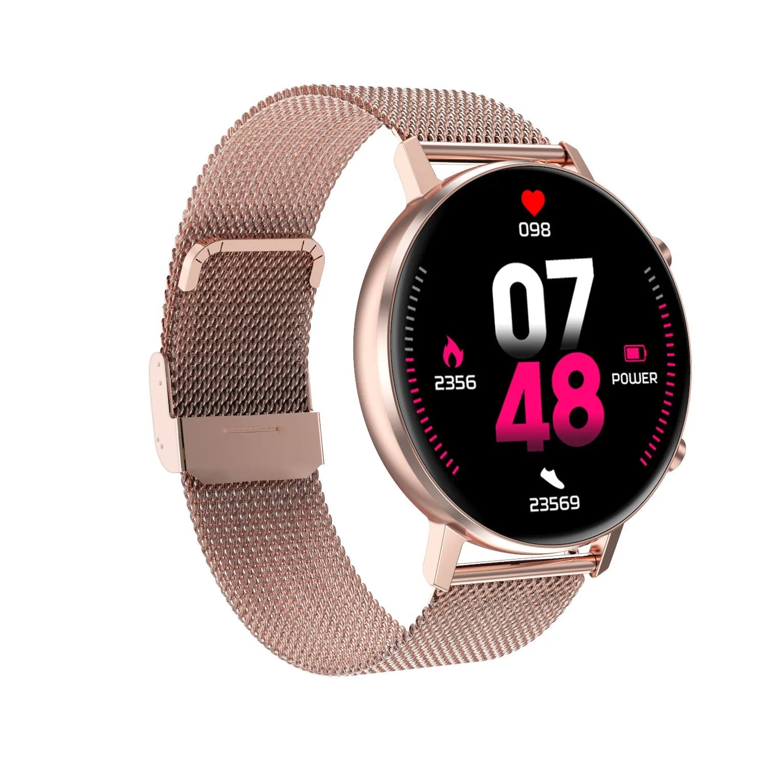 DT96 smart bracelet with stainless steel strap and 1.3-inch display shown in three colour options