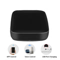 Black universal infrared remote control with voice command functionality and WiFi connectivity