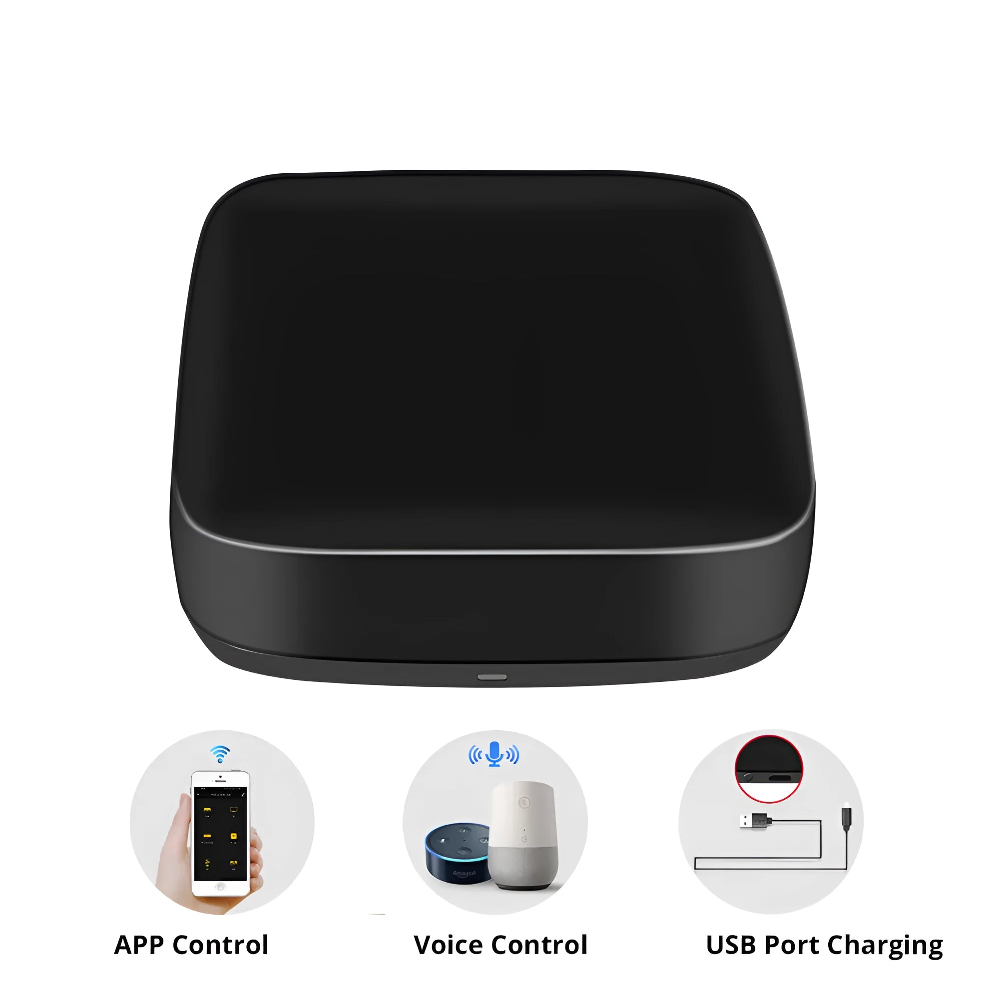 Black universal infrared remote control with voice command functionality and WiFi connectivity