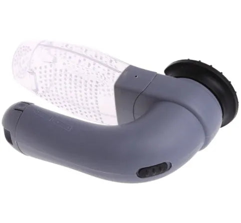 Grey portable electric pet hair vacuum cleaner with soft rubber grooming head.