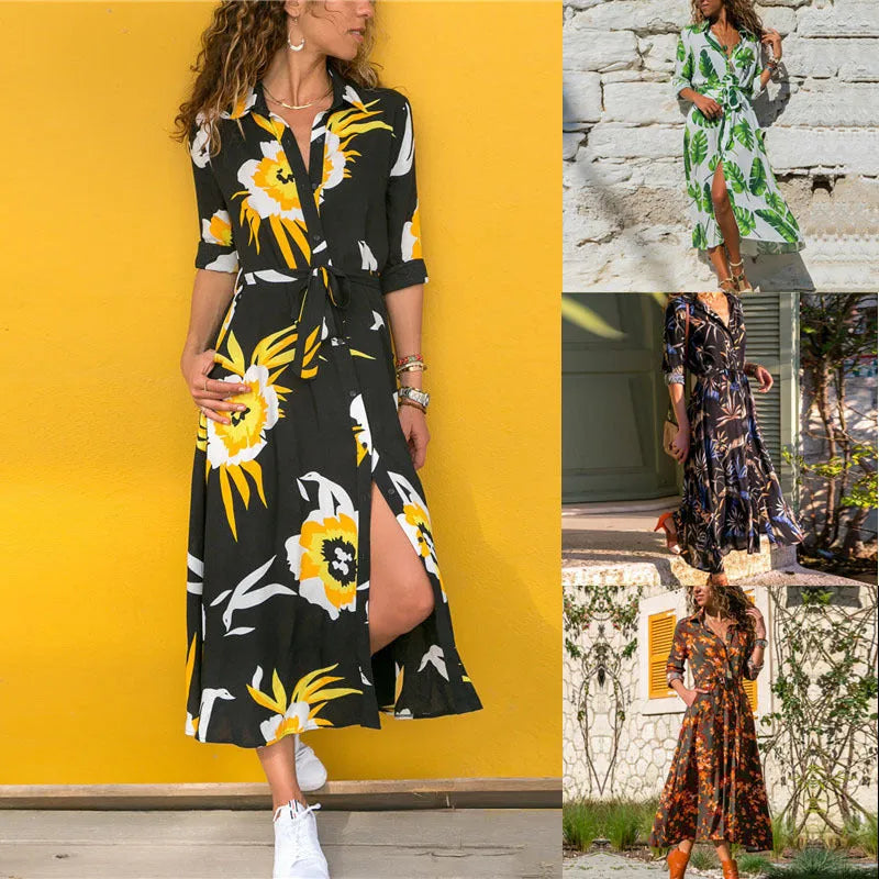 Women's printed chiffon A-line dress with V-neck and high waist design