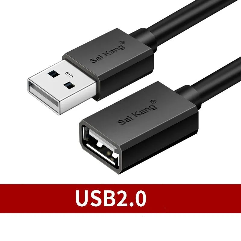 Black USB 3.0 and USB 2.0 extension cable with male and female connectors showing double-shielded construction