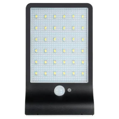 Black and white outdoor solar garden light with solar panel and IP65 waterproof rating.