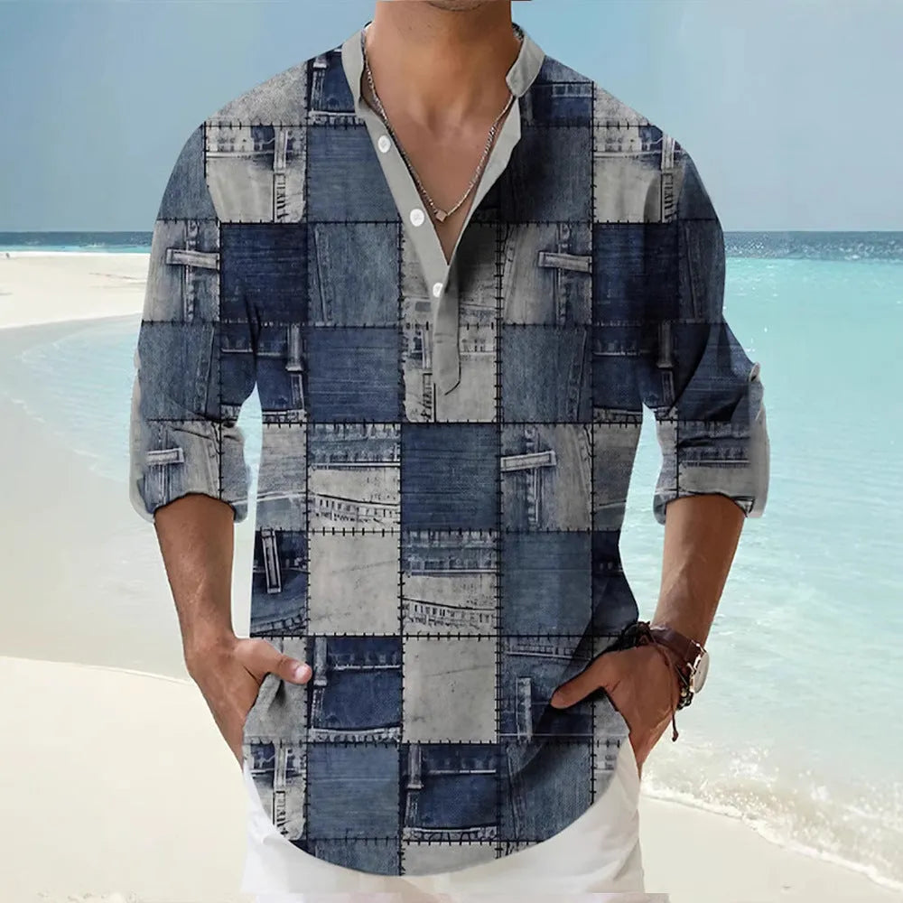 Thin casual digital bamboo linen Hawaiian long sleeve shirt with stripe pattern