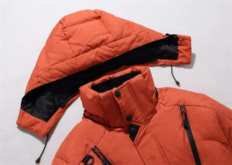 Men's down jacket in polyester fibre, Asian sizes M to 3XL, shown in black, blue, green, grey and orange red