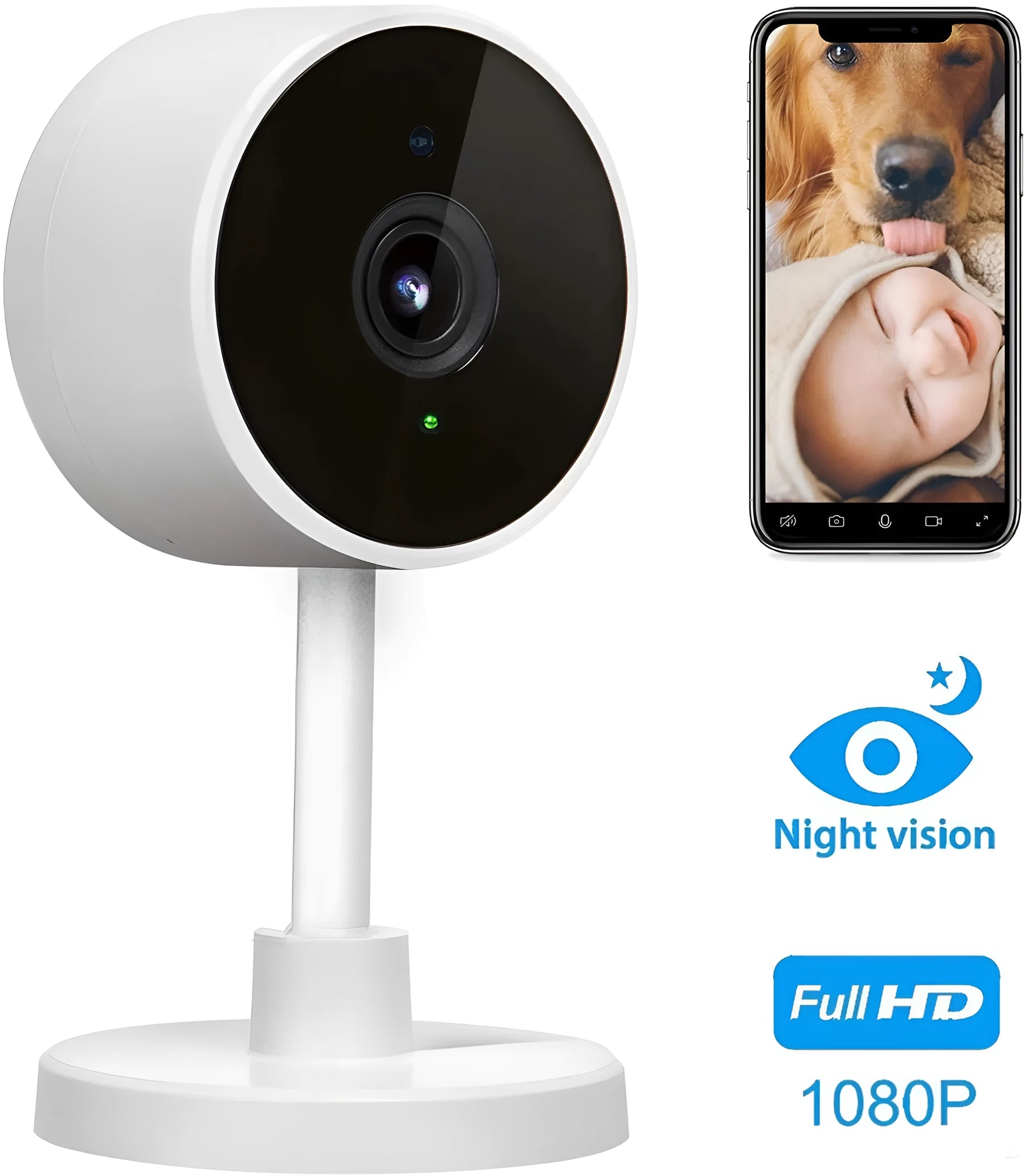 White wireless WiFi home security camera with network alarm functionality