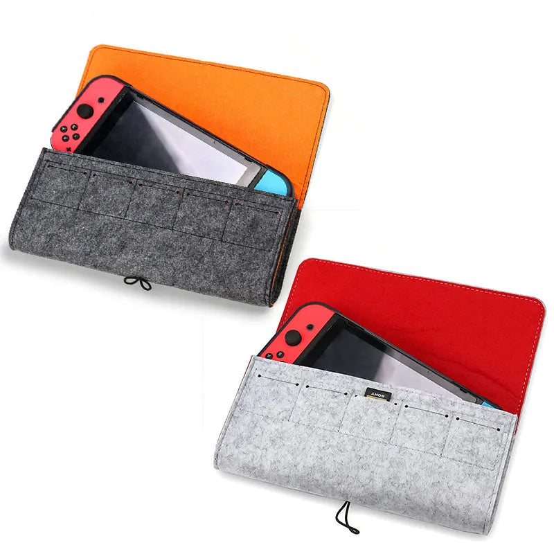 Black felt pouch case for Nintendo Switch showing game card slots and double-layer storage design